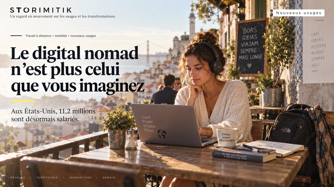 Digital nomade travaillant sur un ordinateur portable depuis une terrasse de café, dans une mise en scène éditoriale lifestyle.