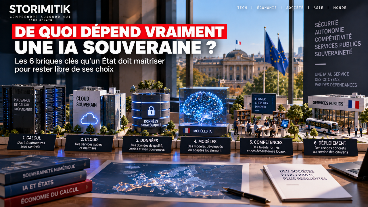 Illustration conceptuelle des six briques d’une stratégie d’IA souveraine : calcul, cloud, données, modèles, compétences et déploiement.