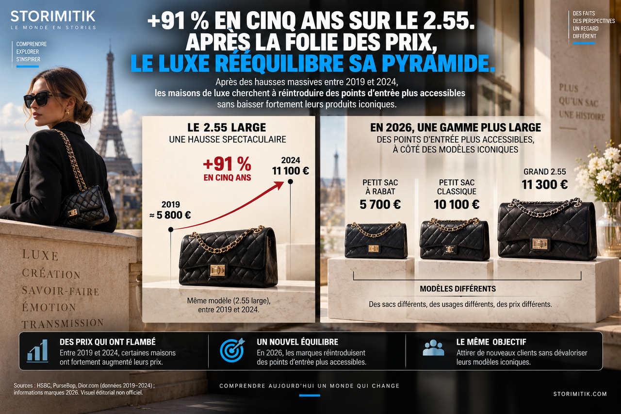 Illustration STORIMITIK montrant la hausse du prix du Chanel 2.55 puis l’élargissement de la gamme de sacs en 2026.