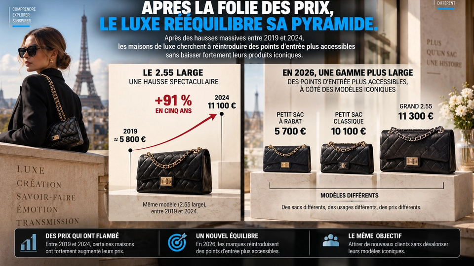 Illustration STORIMITIK montrant la hausse du prix du Chanel 2.55 puis l’élargissement de la gamme de sacs en 2026.