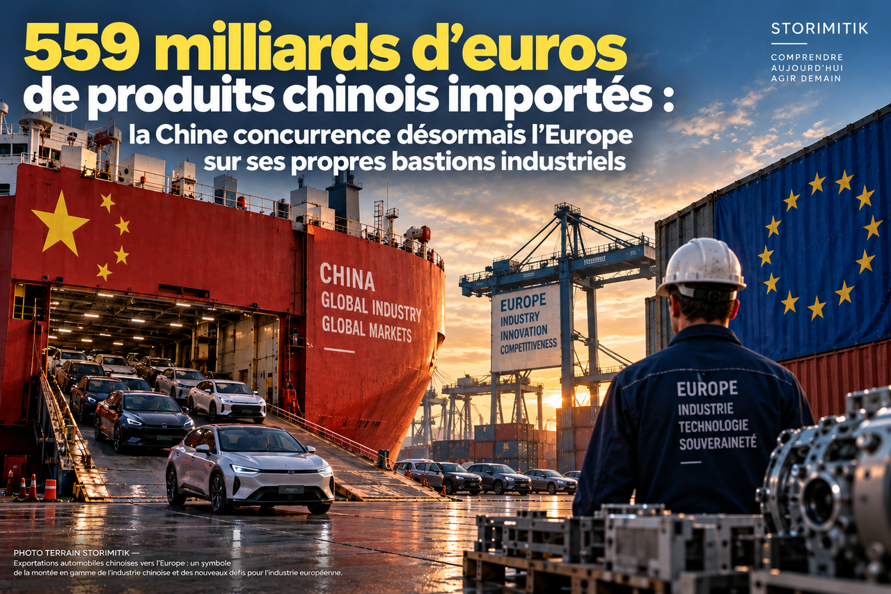 Illustration STORIMITIK sur les conséquences stratégiques de la concurrence industrielle Chine–Europe pour l’industrie, la technologie et la souveraineté européennes.