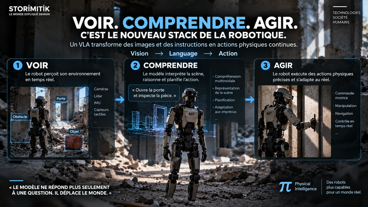 Illustration conceptuelle STORIMITIK du cycle Vision-Language-Action : voir, comprendre puis agir avec un robot humanoïde.