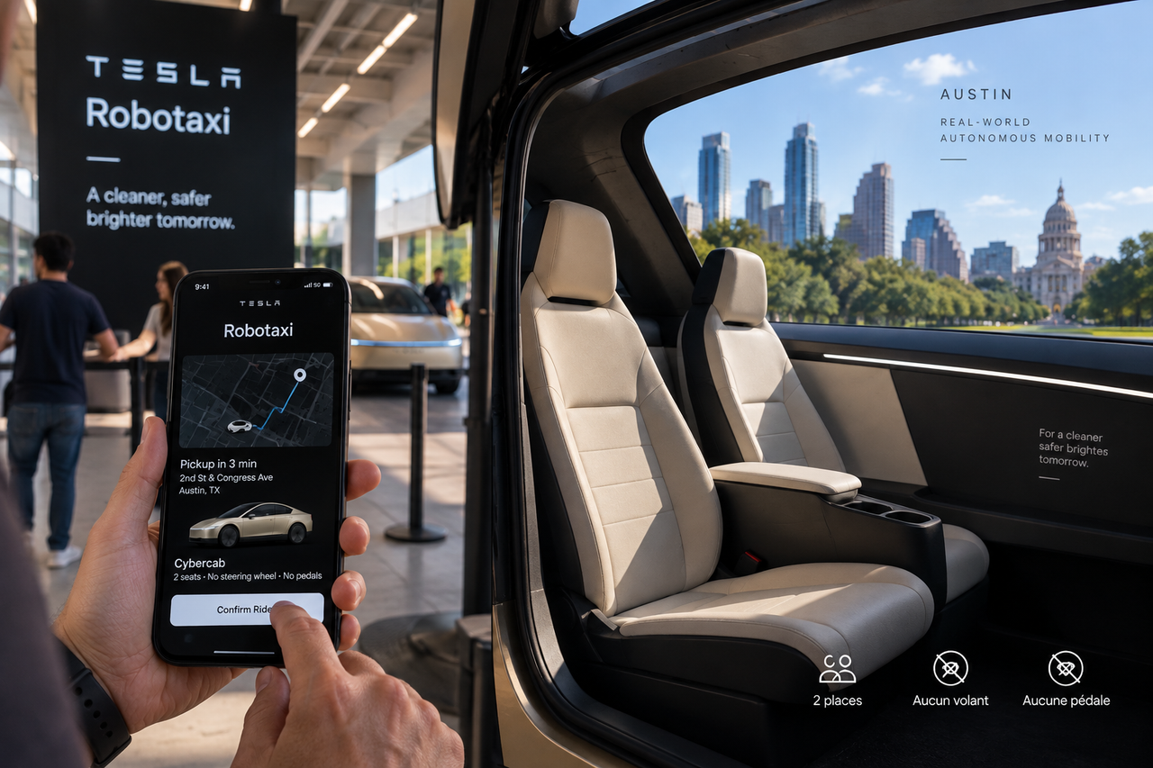 Illustration éditoriale de l’habitacle deux places d’un Tesla Cybercab avec une application de réservation conceptuelle.
