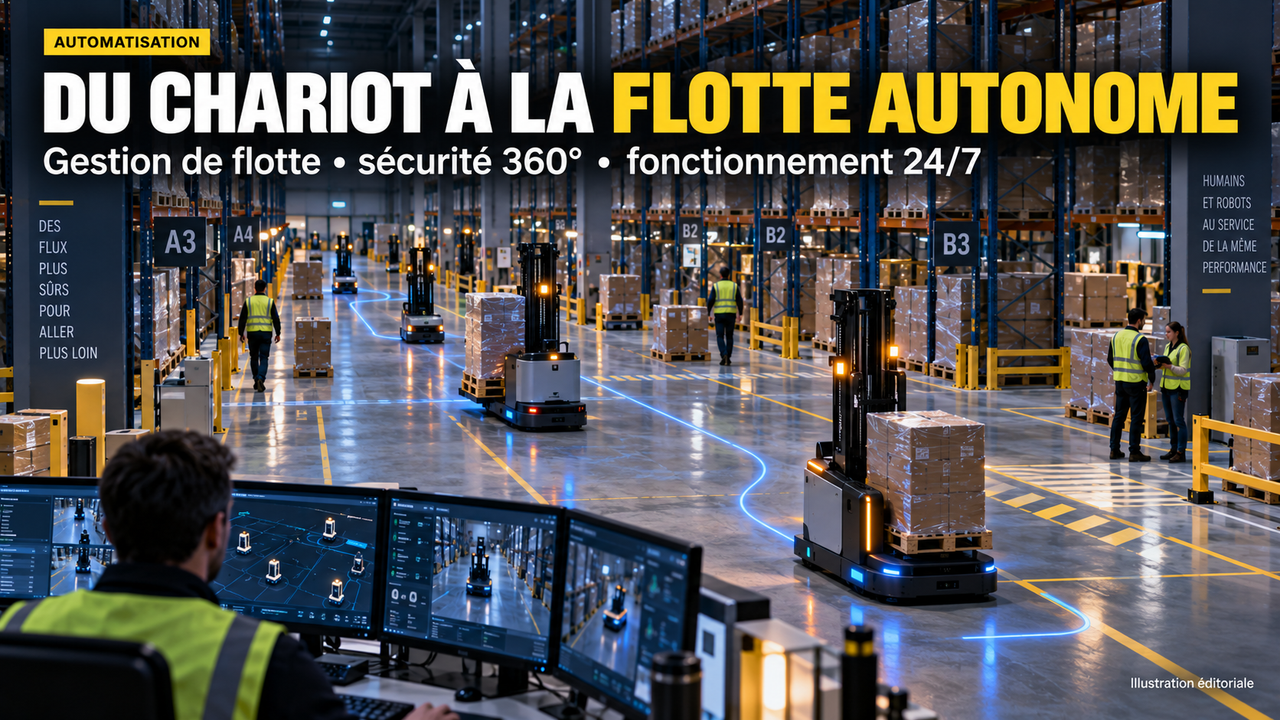 Illustration éditoriale STORIMITIK montrant plusieurs chariots autonomes supervisés dans un entrepôt où circulent également des opérateurs.