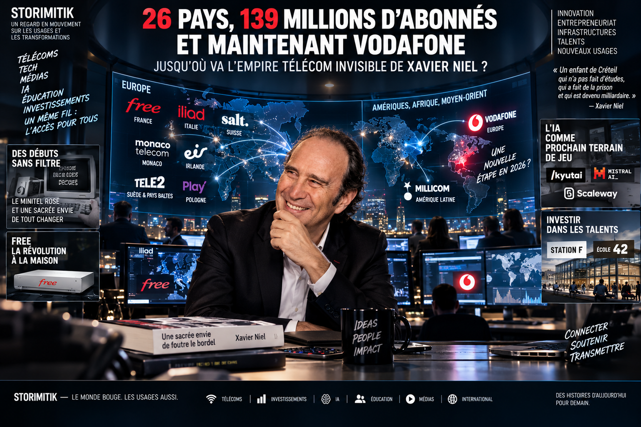 Composition éditoriale STORIMITIK représentant Xavier Niel au centre de son écosystème télécom international, de Free aux investissements 2026.
