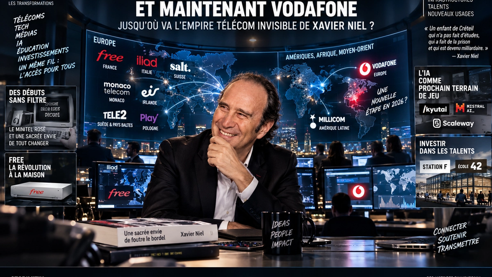 Composition éditoriale STORIMITIK représentant Xavier Niel au centre de son écosystème télécom international, de Free aux investissements 2026.