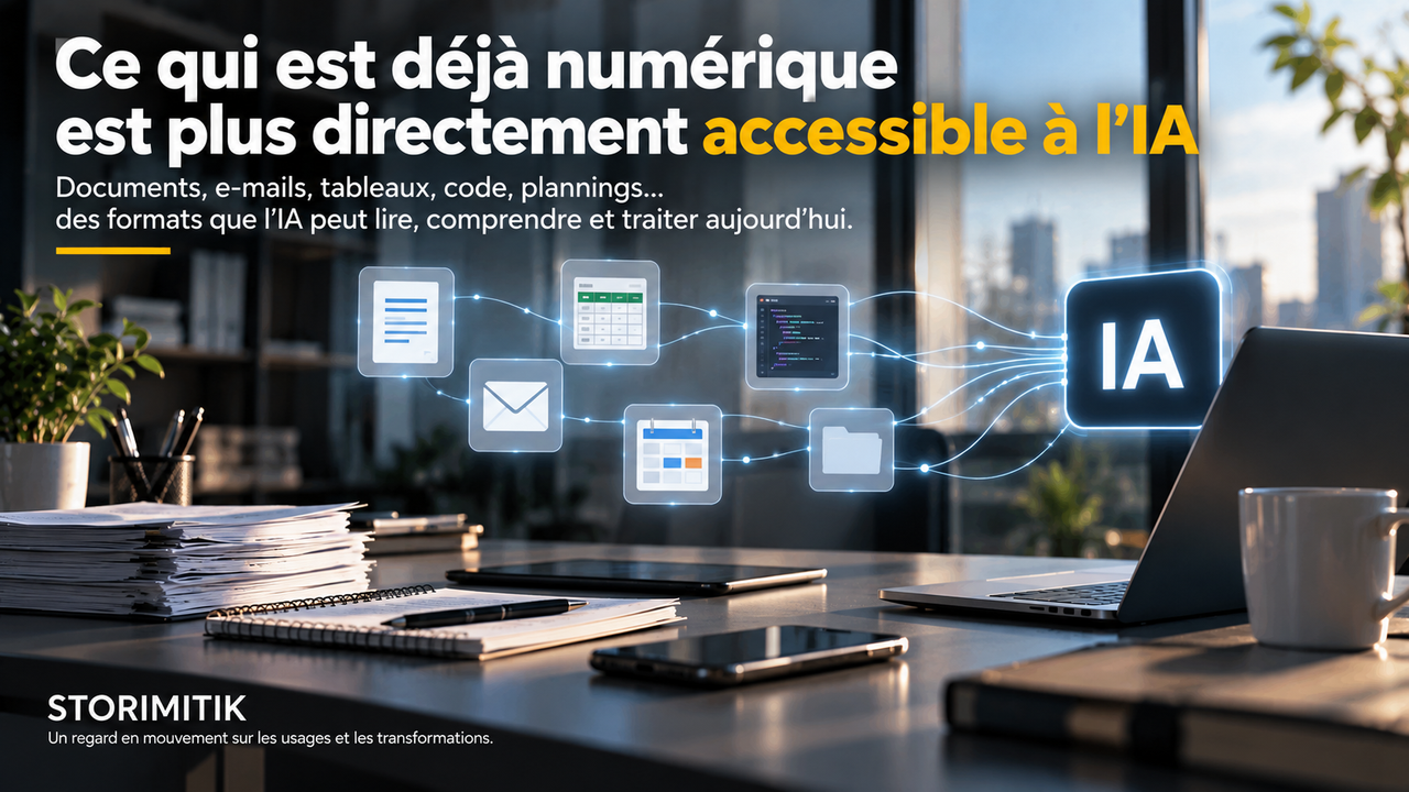 Infographie STORIMITIK montrant que documents, e-mails, tableaux, code et planning sont déjà des formats numériques accessibles à l’IA.