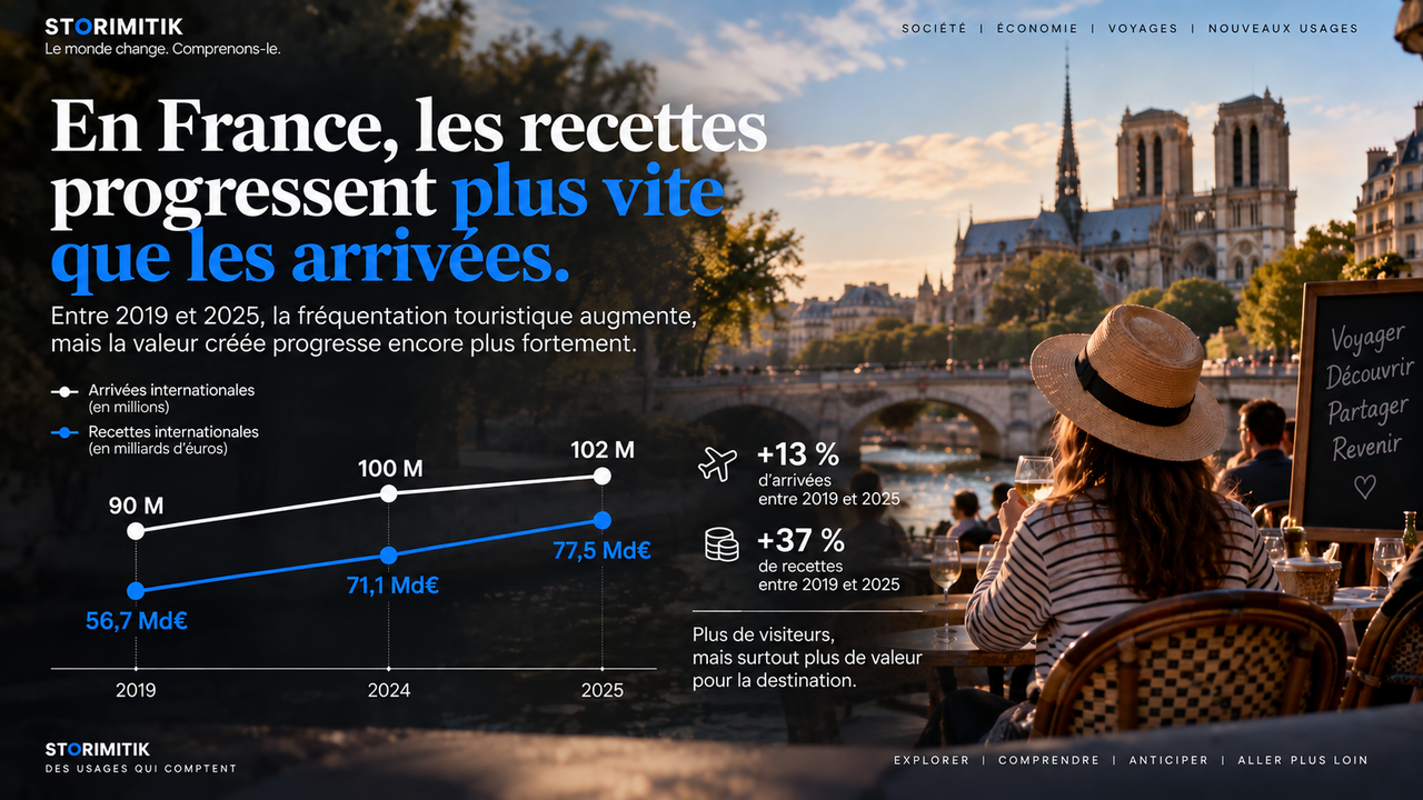 Évolution du tourisme international en France entre 2019, 2024 et 2025 : arrivées et recettes internationales.