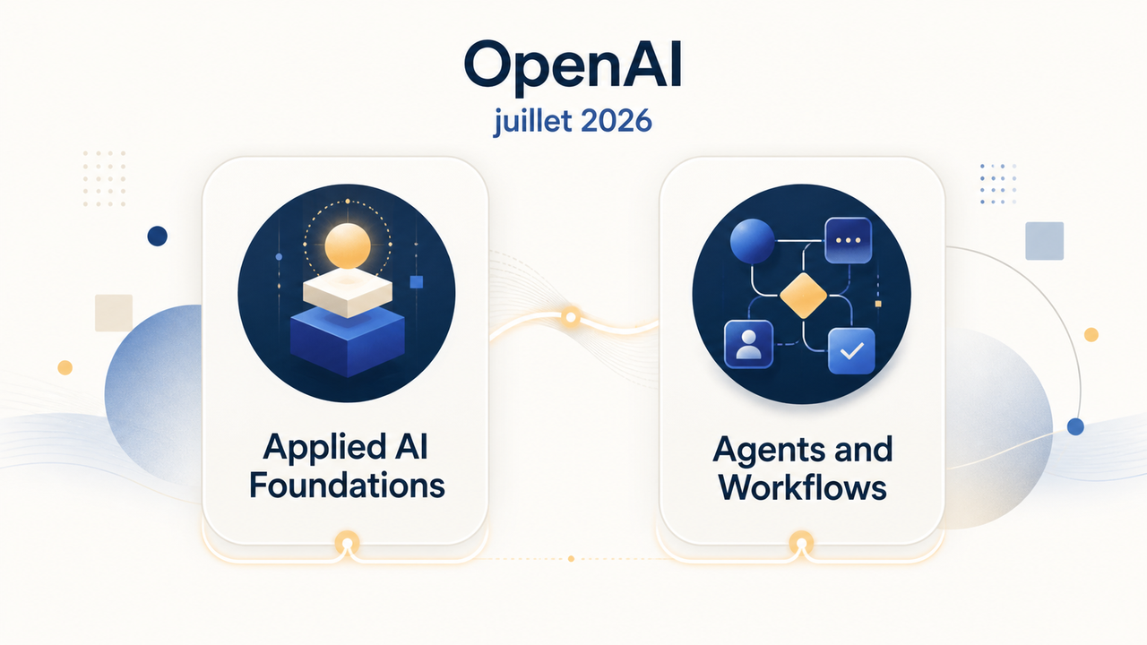 Illustration éditoriale des certifications Applied AI Foundations et Agents and Workflows, OpenAI, juillet 2026, sans identifiant.