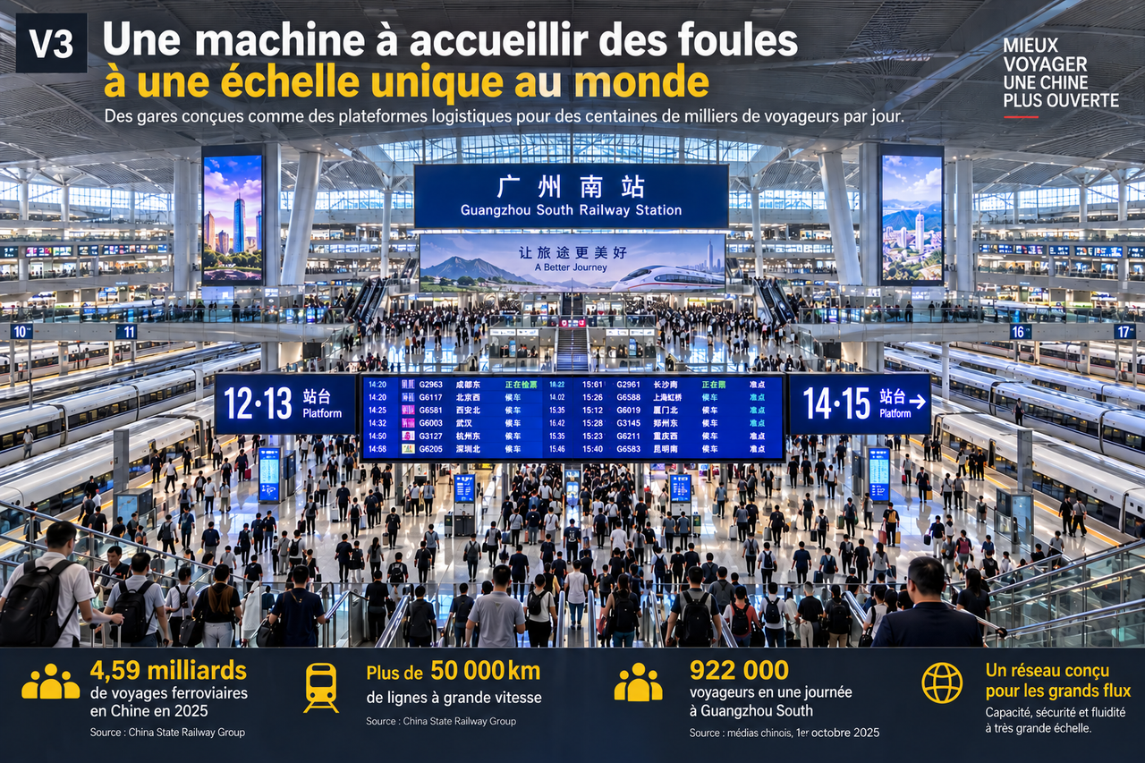 Illustration STORIMITIK d’une grande gare chinoise accueillant des flux massifs, avec les chiffres 2025 du réseau ferroviaire et de Guangzhou South.