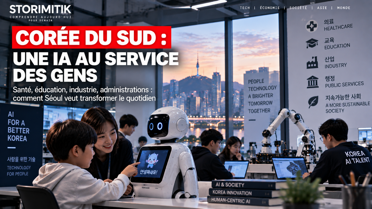 Illustration conceptuelle de citoyens et chercheurs utilisant un robot et des outils d’intelligence artificielle en Corée du Sud.