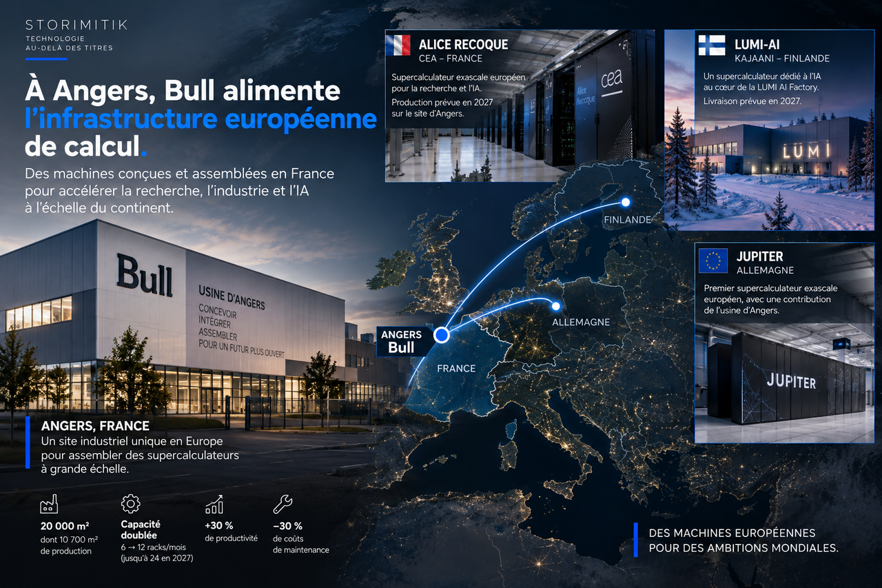 Carte éditoriale STORIMITIK reliant l’usine Bull d’Angers aux supercalculateurs Alice Recoque en France, LUMI-AI en Finlande et JUPITER en Allemagne.