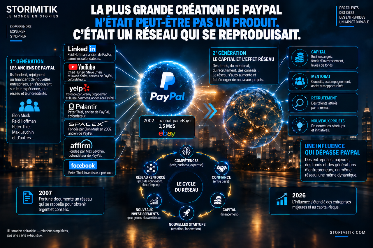Illustration STORIMITIK représentant l’effet multiplicateur du réseau d’anciens de PayPal.