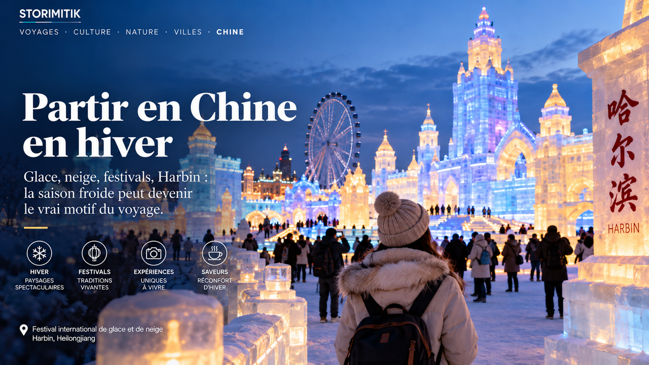Illustration STORIMITIK ultra-réaliste du tourisme hivernal à Harbin, avec architecture de glace illuminée et voyageurs.