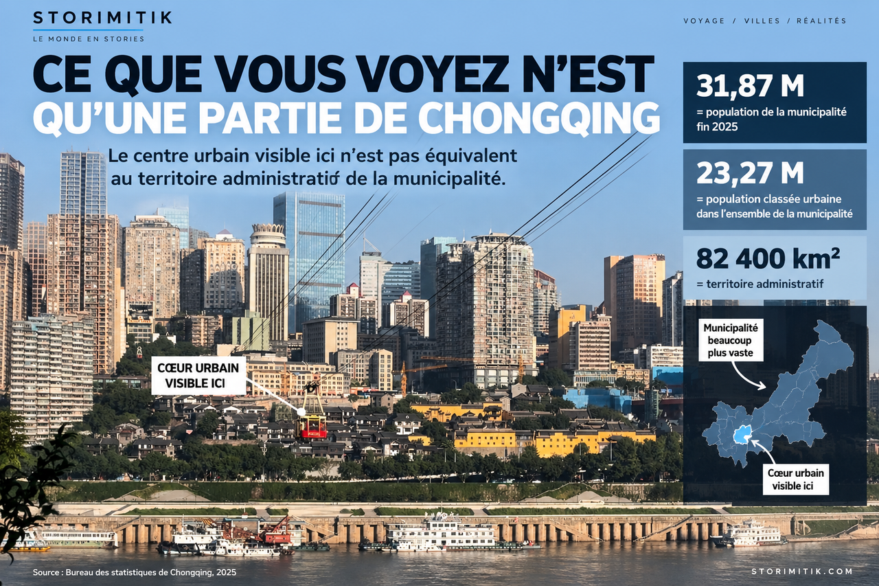 Illustration STORIMITIK montrant le cœur urbain visible de Chongqing face à l’étendue beaucoup plus vaste de sa municipalité administrative.