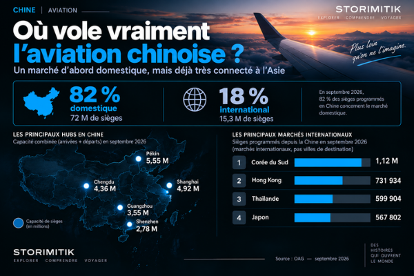 Carte des principaux hubs aériens chinois et classement des principaux marchés internationaux depuis la Chine en septembre 2026.