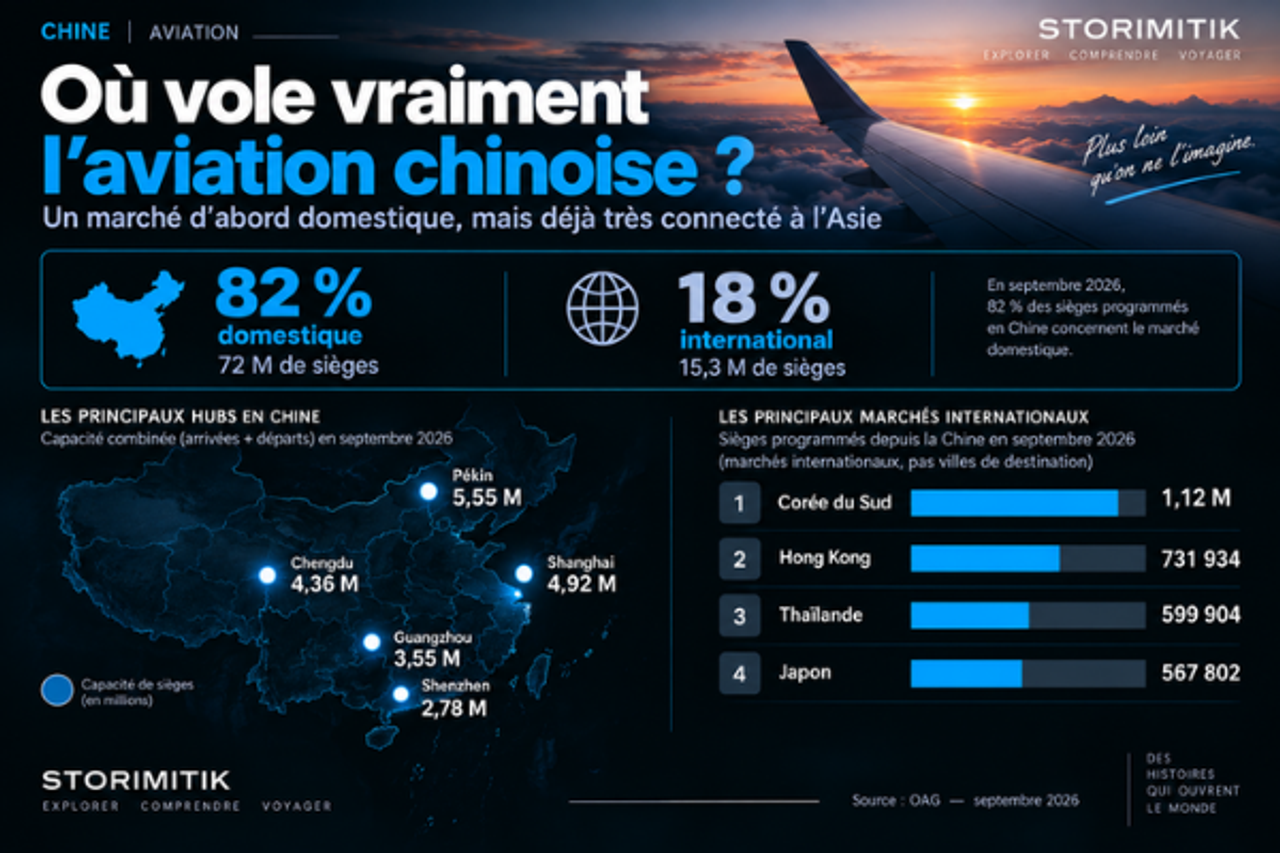 Carte des principaux hubs aériens chinois et classement des principaux marchés internationaux depuis la Chine en septembre 2026.