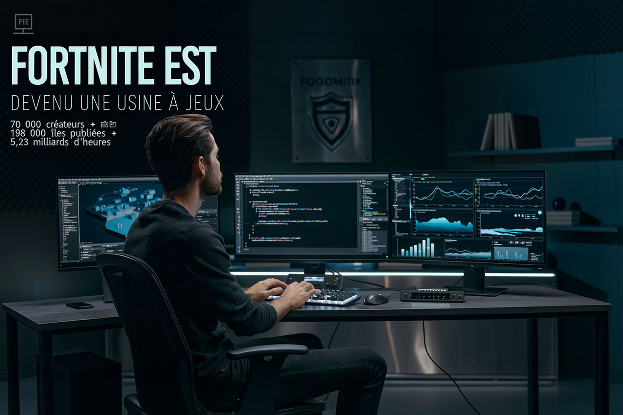 Illustration STORIMITIK d’un studio UEFN montrant la création d’îles Fortnite, le code Verse et les outils de suivi des créateurs.