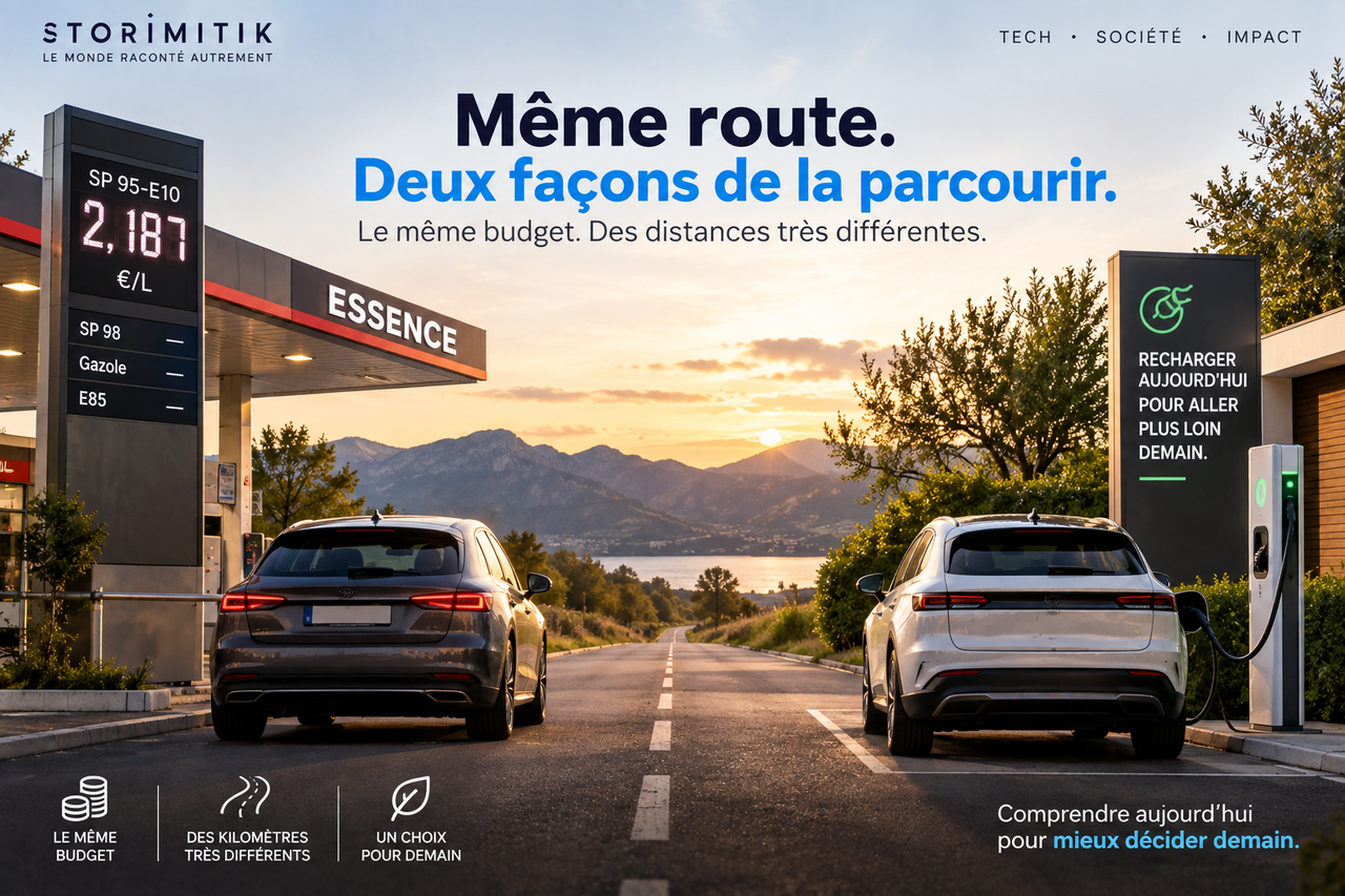 Illustration conceptuelle comparant une voiture essence en station-service et une voiture électrique en recharge.