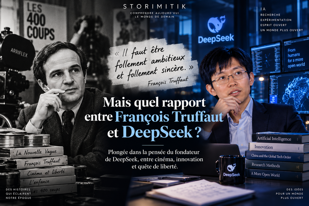 Composition éditoriale STORIMITIK rapprochant l’univers cinématographique de François Truffaut et celui de DeepSeek pour illustrer une citation utilisée par High-Flyer en 2023.