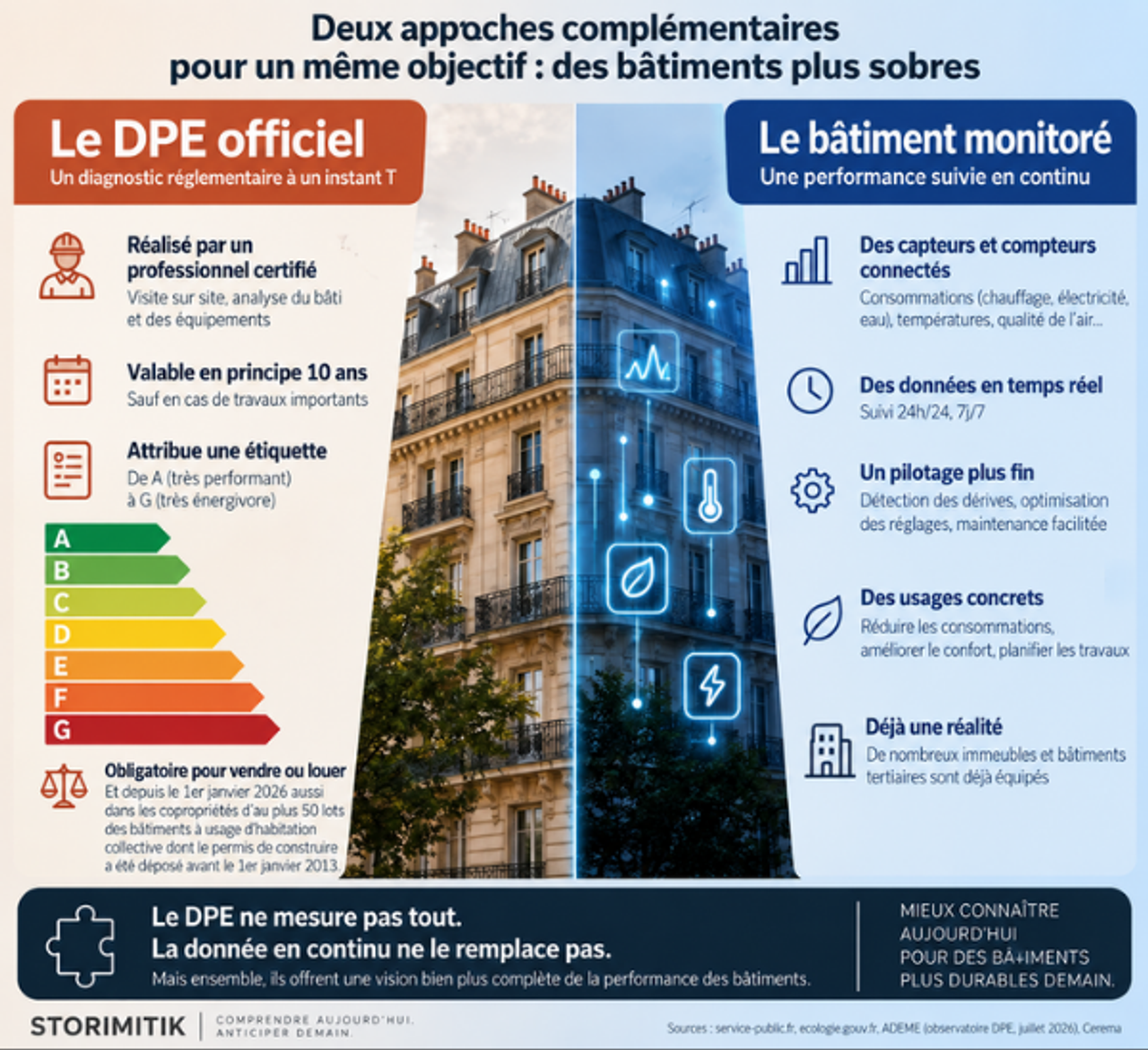 Infographie comparant le DPE officiel et un bâtiment monitoré en continu par capteurs.