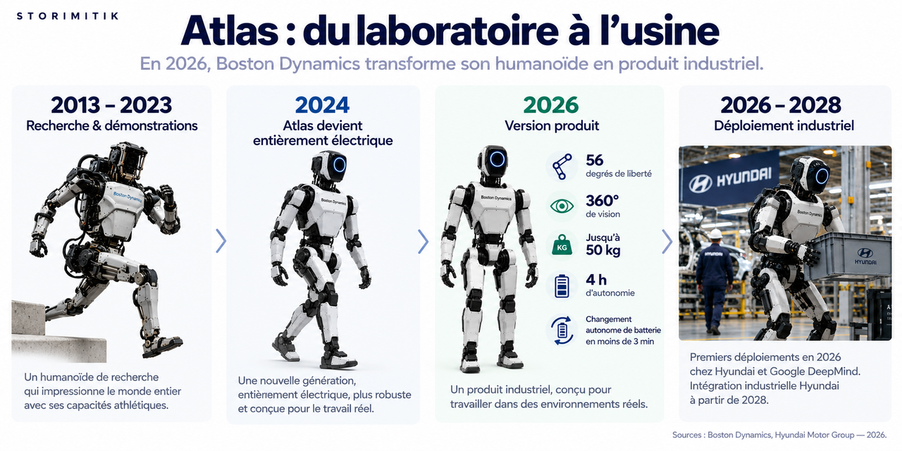 Frise montrant l’évolution d’Atlas de la recherche et des démonstrations à la version électrique puis au déploiement industriel chez Hyundai.