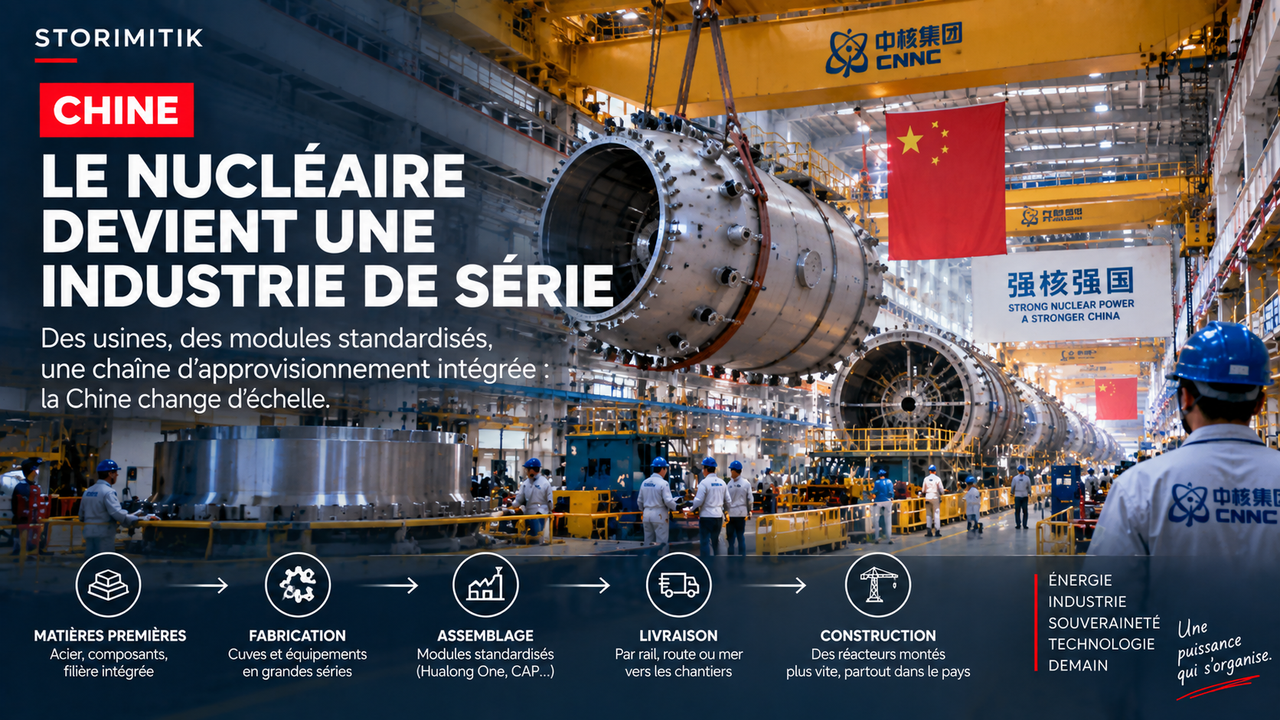 Illustration STORIMITIK d’une chaîne industrielle nucléaire chinoise avec fabrication de composants lourds, modules, logistique et construction en série.
