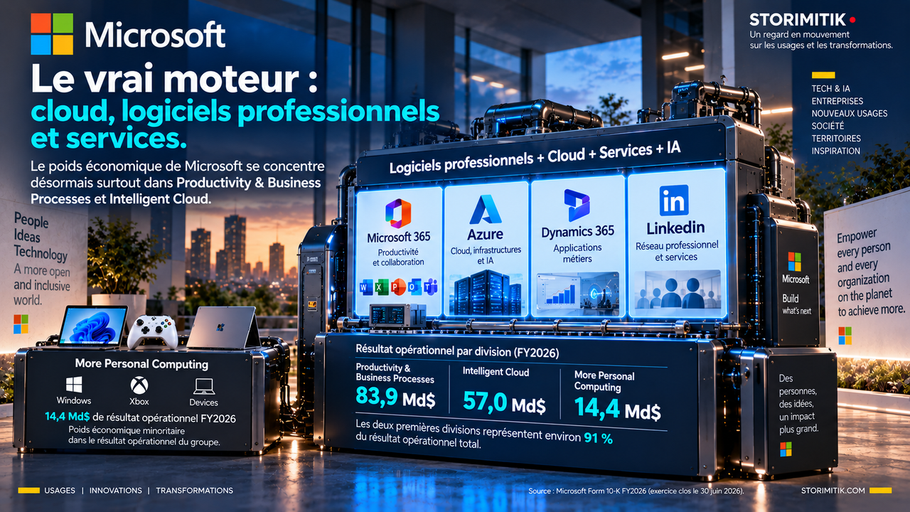 Infographie STORIMITIK montrant le poids économique du cloud, des logiciels professionnels et des services chez Microsoft, comparé à More Personal Computing.