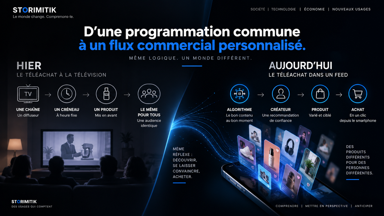 Infographie STORIMITIK comparant le créneau télévisé commun au flux commercial personnalisé piloté par algorithme.