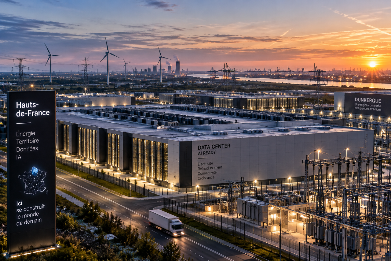 Illustration éditoriale d’un grand campus de data centers et d’infrastructures électriques dans un paysage industrialo-portuaire inspiré des Hauts-de-France.