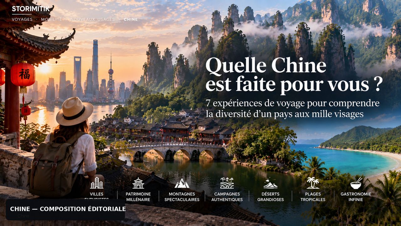 Illustration STORIMITIK présentant sept familles d’expériences de voyage en Chine : villes, patrimoine, montagnes, campagnes, désert, plages et gastronomie.