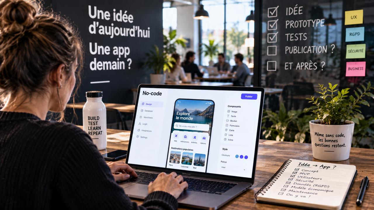 Illustration éditoriale d’une créatrice utilisant un outil visuel no-code dans un espace de travail, entourée de questions sur l’UX, le RGPD, la sécurité et le business.