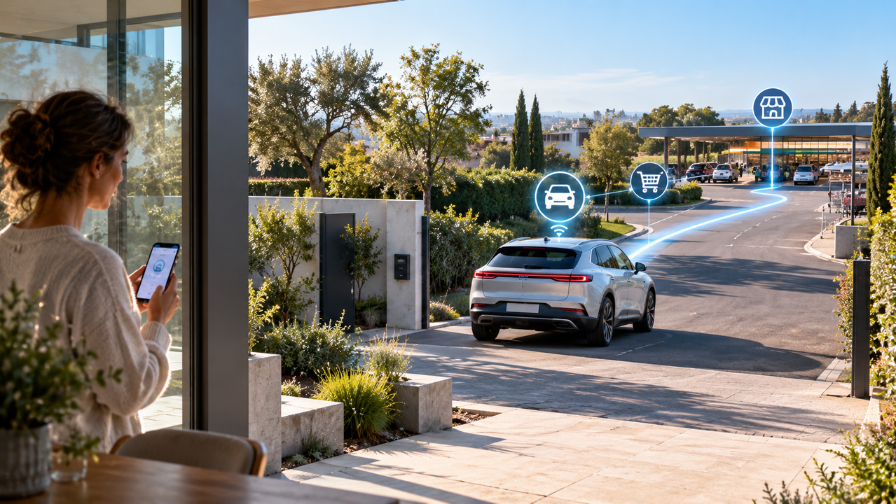 Illustration photographique réaliste d’une voiture particulière quittant seule une maison pour se rendre à un drive, sous le contrôle conceptuel d’une application mobile.