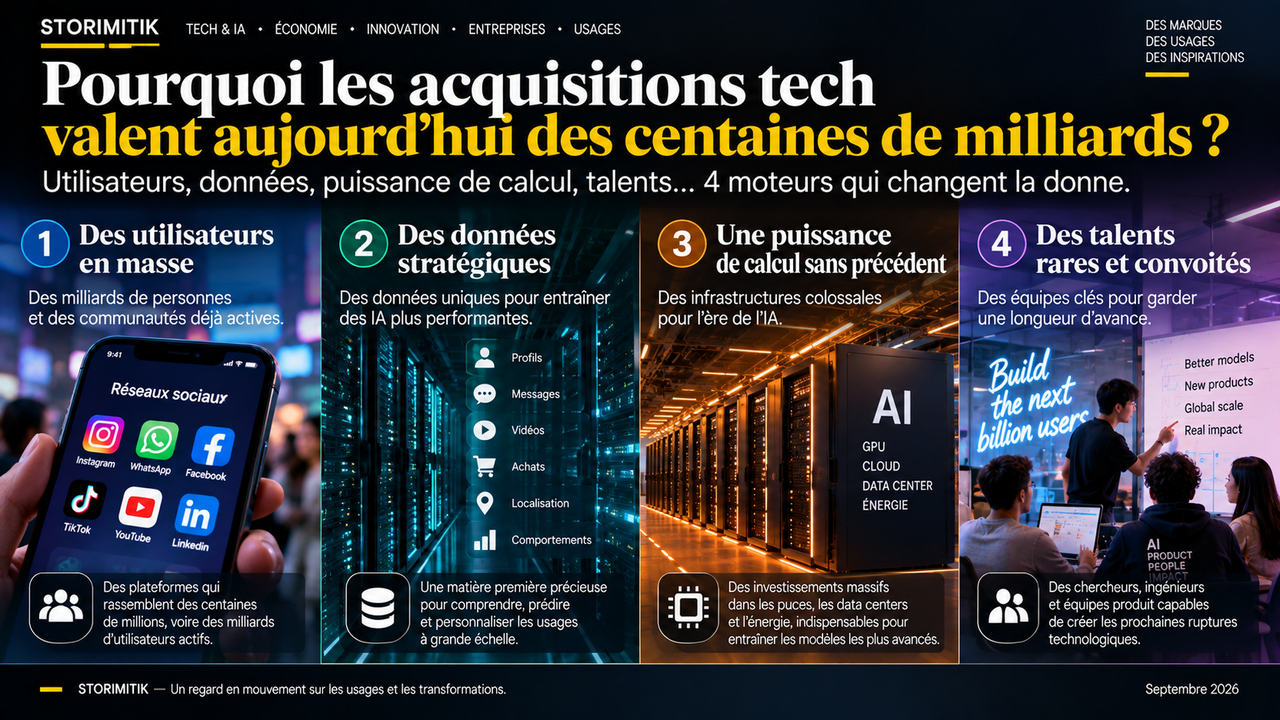 Infographie STORIMITIK sur quatre facteurs pouvant soutenir les valorisations technologiques : utilisateurs, données, calcul et talents.