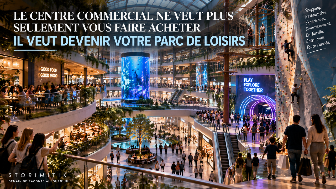 Illustration conceptuelle d’un centre commercial mêlant boutiques, restauration, escalade, aquarium et expériences immersives.
