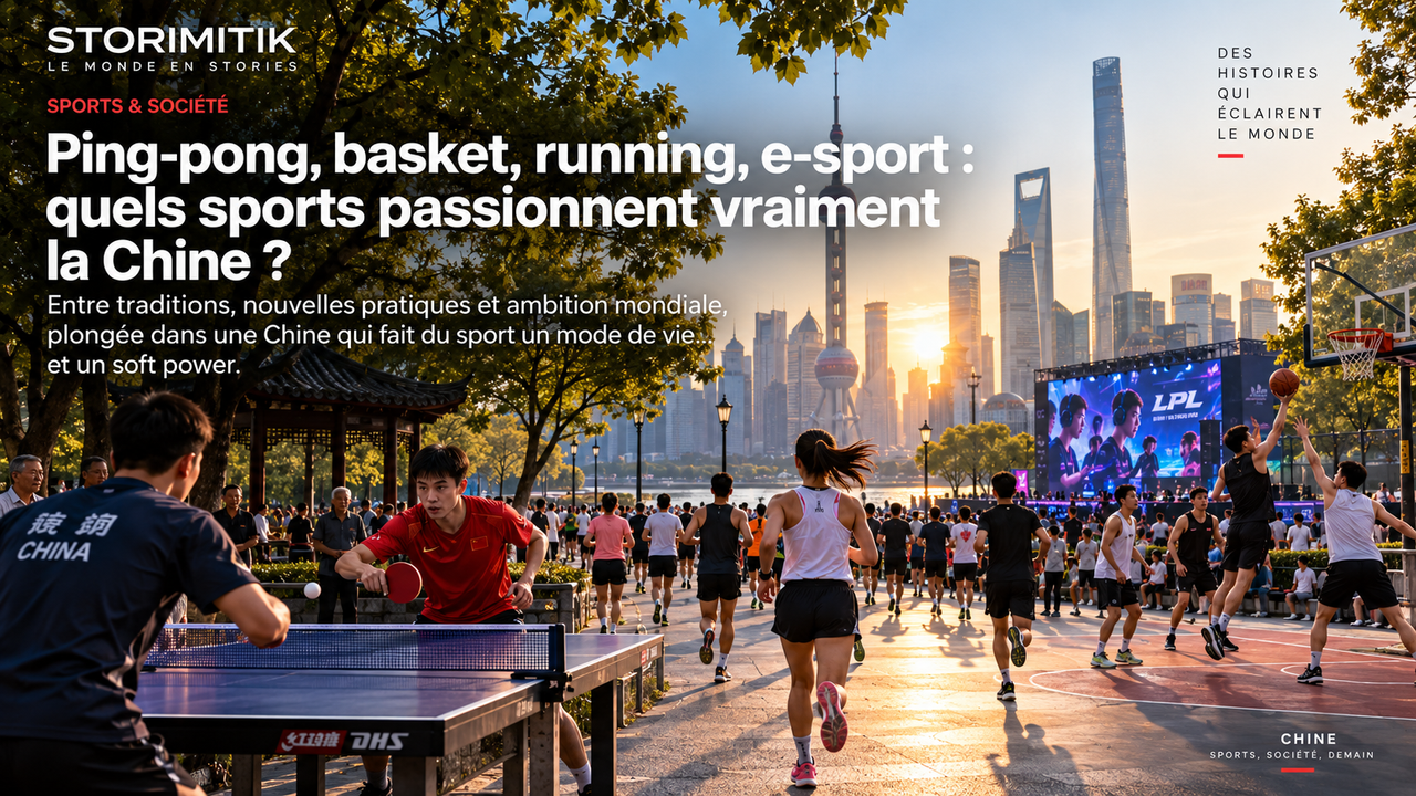 Illustration conceptuelle de pratiques sportives populaires dans un grand parc urbain chinois, du ping-pong au running, au basket et à l’e-sport.