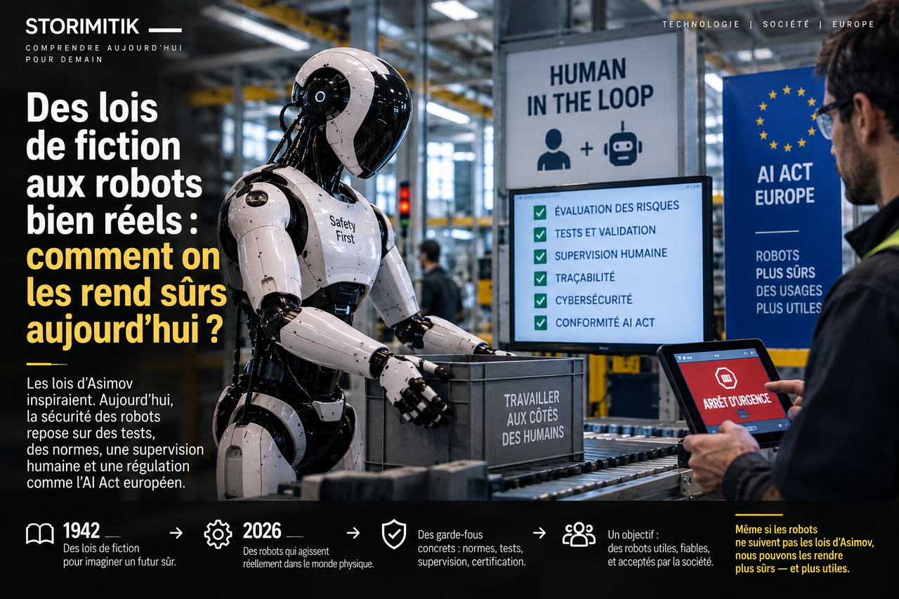 Illustration STORIMITIK montrant un humanoïde en environnement industriel avec supervision humaine, tests, arrêt d’urgence et exigences de sécurité.