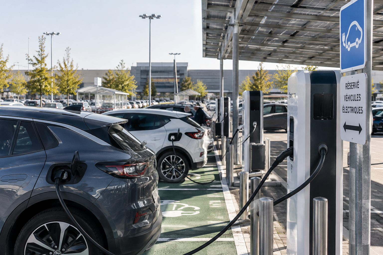 Illustration réaliste d’un parking commercial équipé de bornes de recharge sous des ombrières photovoltaïques.