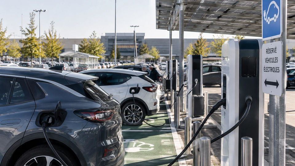 Illustration réaliste d’un parking commercial équipé de bornes de recharge sous des ombrières photovoltaïques.