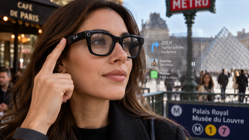 Illustration éditoriale d’une femme portant des Meta Ray-Ban Display à Paris avec un affichage tête haute conceptuel.