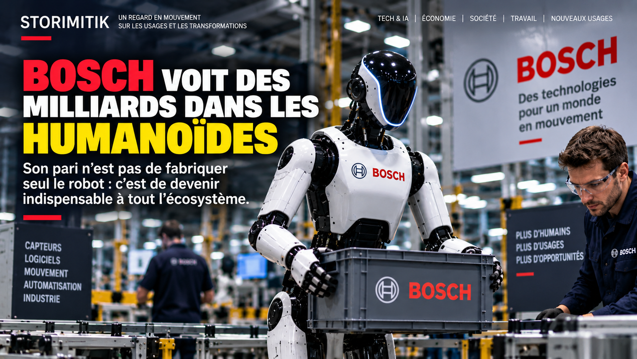 Illustration éditoriale STORIMITIK montrant un humanoïde dans une usine inspirée de l’écosystème industriel Bosch.