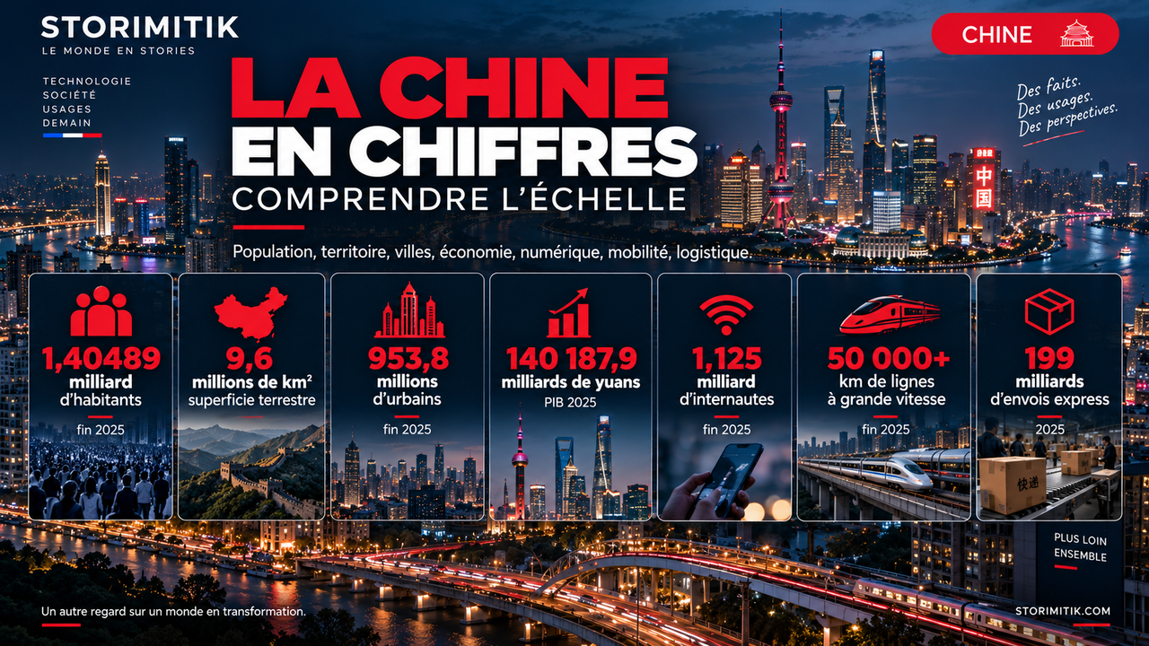 Infographie STORIMITIK synthétisant sept ordres de grandeur de la Chine : population, superficie, population urbaine, PIB, internautes, grande vitesse ferroviaire et colis express.