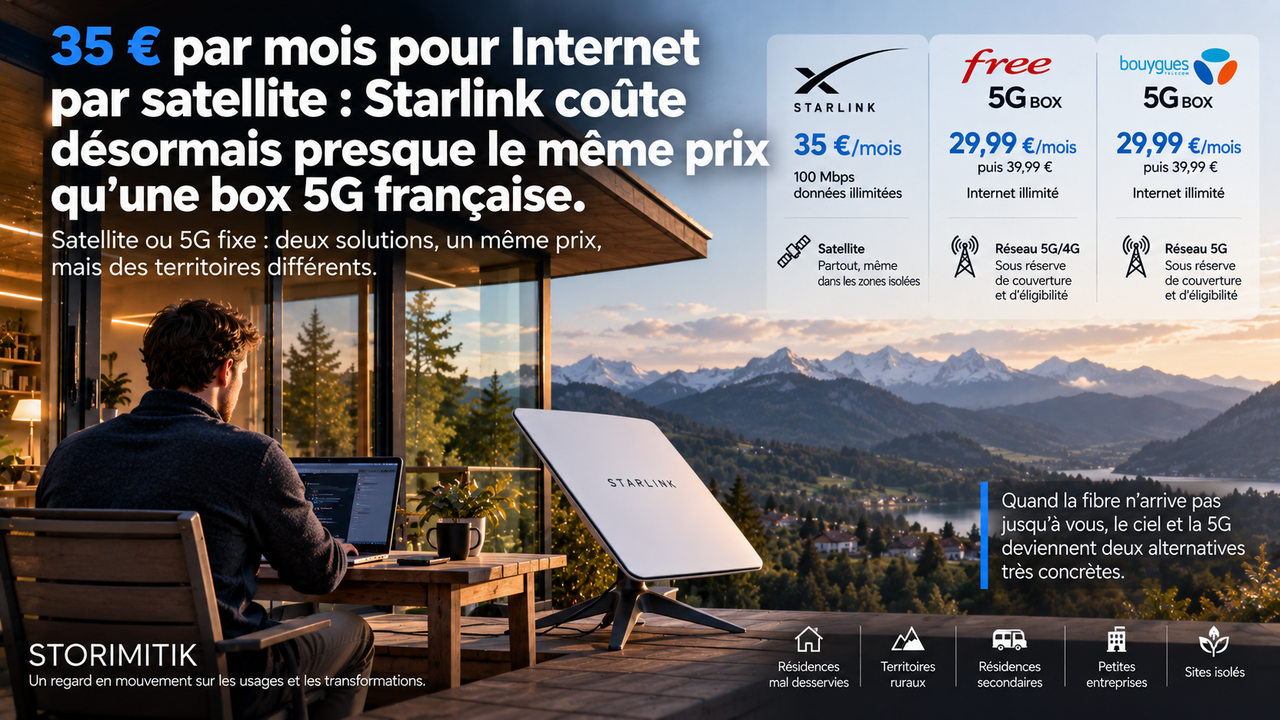 Infographie STORIMITIK opposant la connexion d’une box 5G au réseau mobile terrestre et l’accès Internet Starlink par satellite.