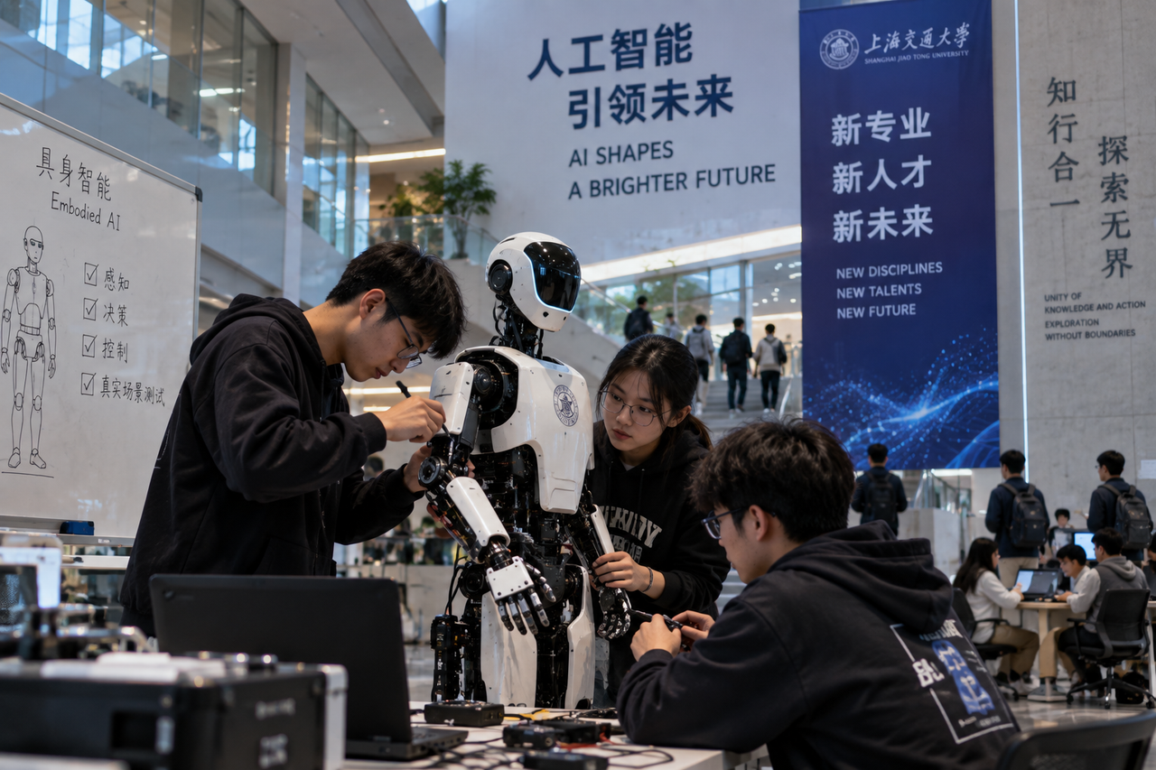 Illustration conceptuelle ultra-réaliste d’étudiants chinois travaillant sur un robot humanoïde dans un laboratoire universitaire.