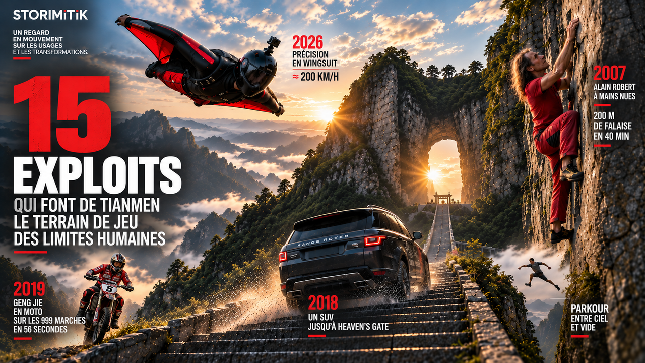 Montage éditorial STORIMITIK présentant plusieurs exploits documentés de Tianmen Mountain, dont wingsuit, moto, SUV, parkour et escalade.