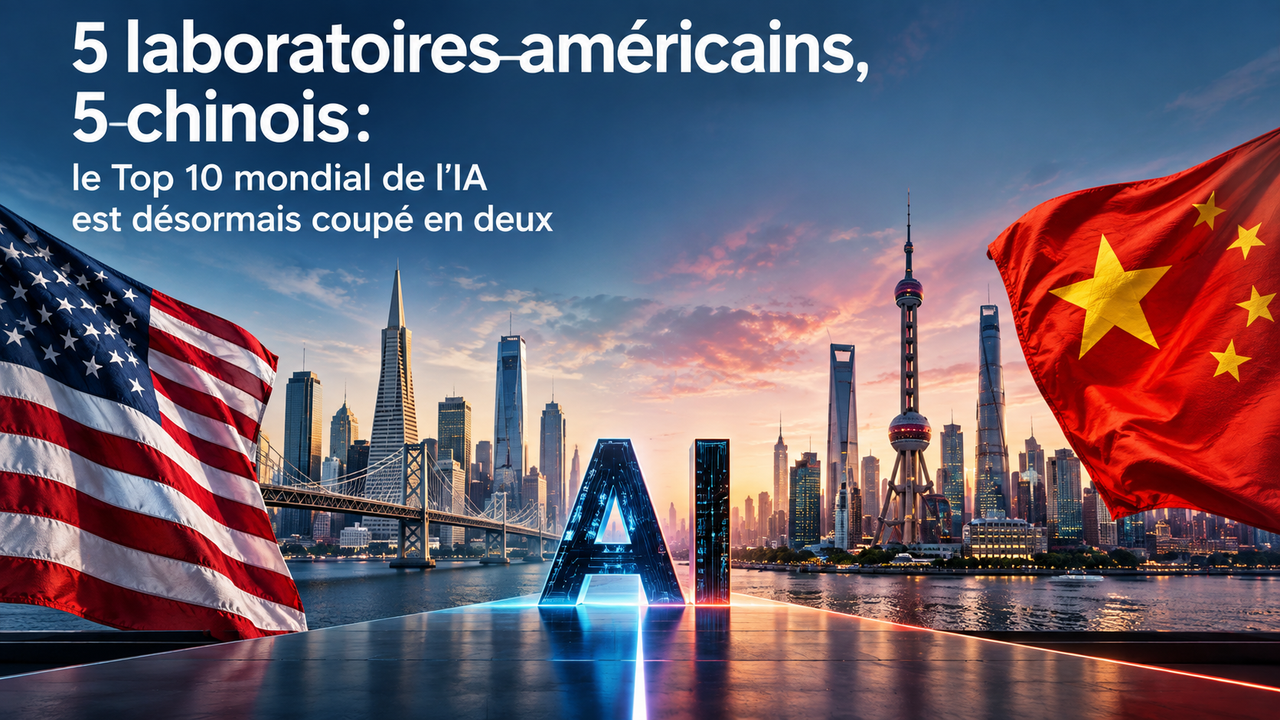 Illustration STORIMITIK opposant les États-Unis et la Chine autour d’un Top 10 de laboratoires d’intelligence artificielle partagé cinq contre cinq.
