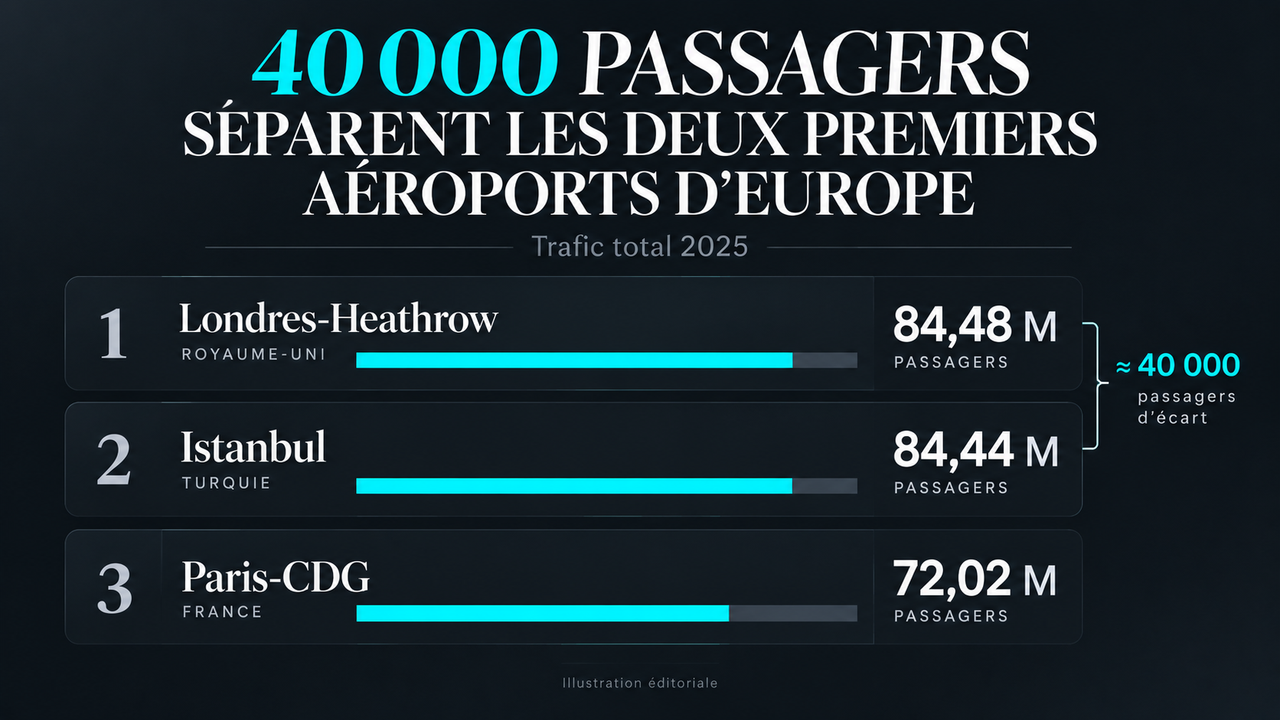 Illustration éditoriale STORIMITIK comparant le trafic 2025 de Londres-Heathrow, Istanbul et Paris-Charles-de-Gaulle.