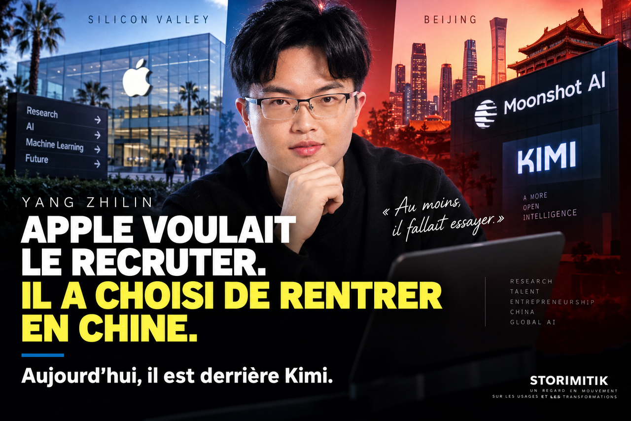 Composition éditoriale générée de Yang Zhilin entre un univers technologique américain et Pékin/Moonshot AI.