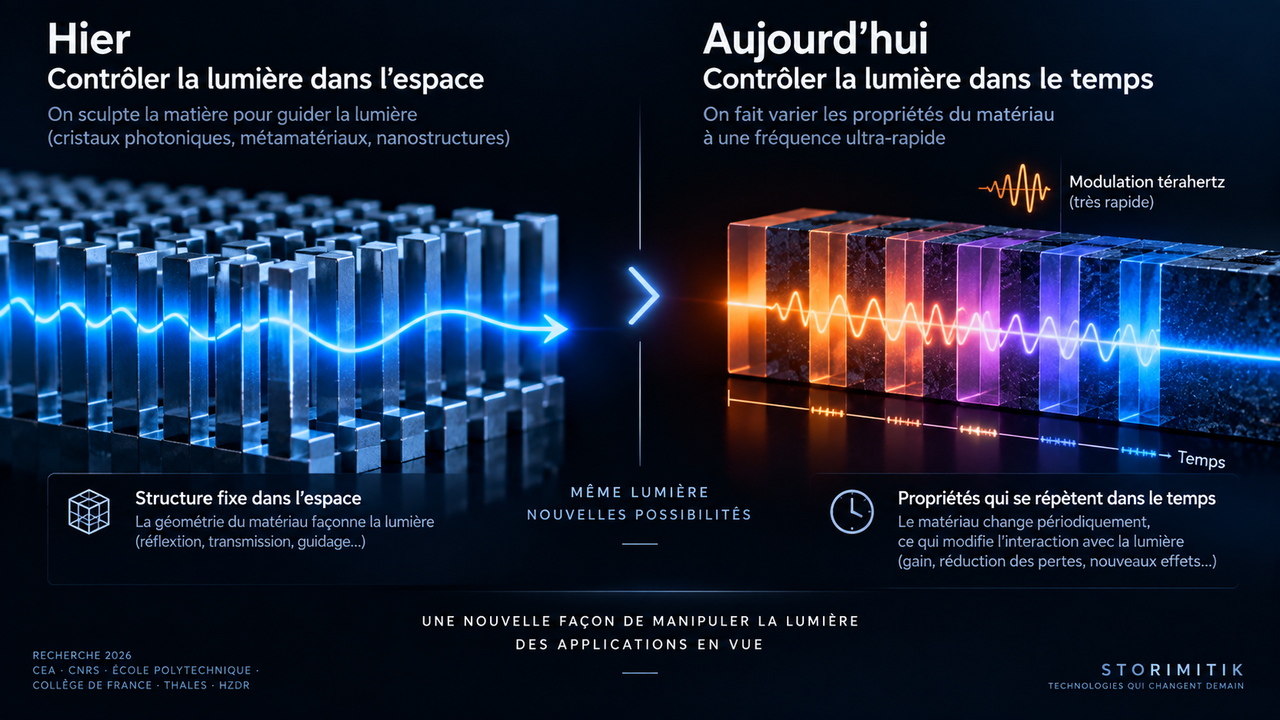 Infographie éditoriale comparant un cristal photonique spatial, dont la structure est périodique dans l’espace, et un cristal photonique temporel, dont les propriétés optiques sont modulées périodiquement dans le temps.
