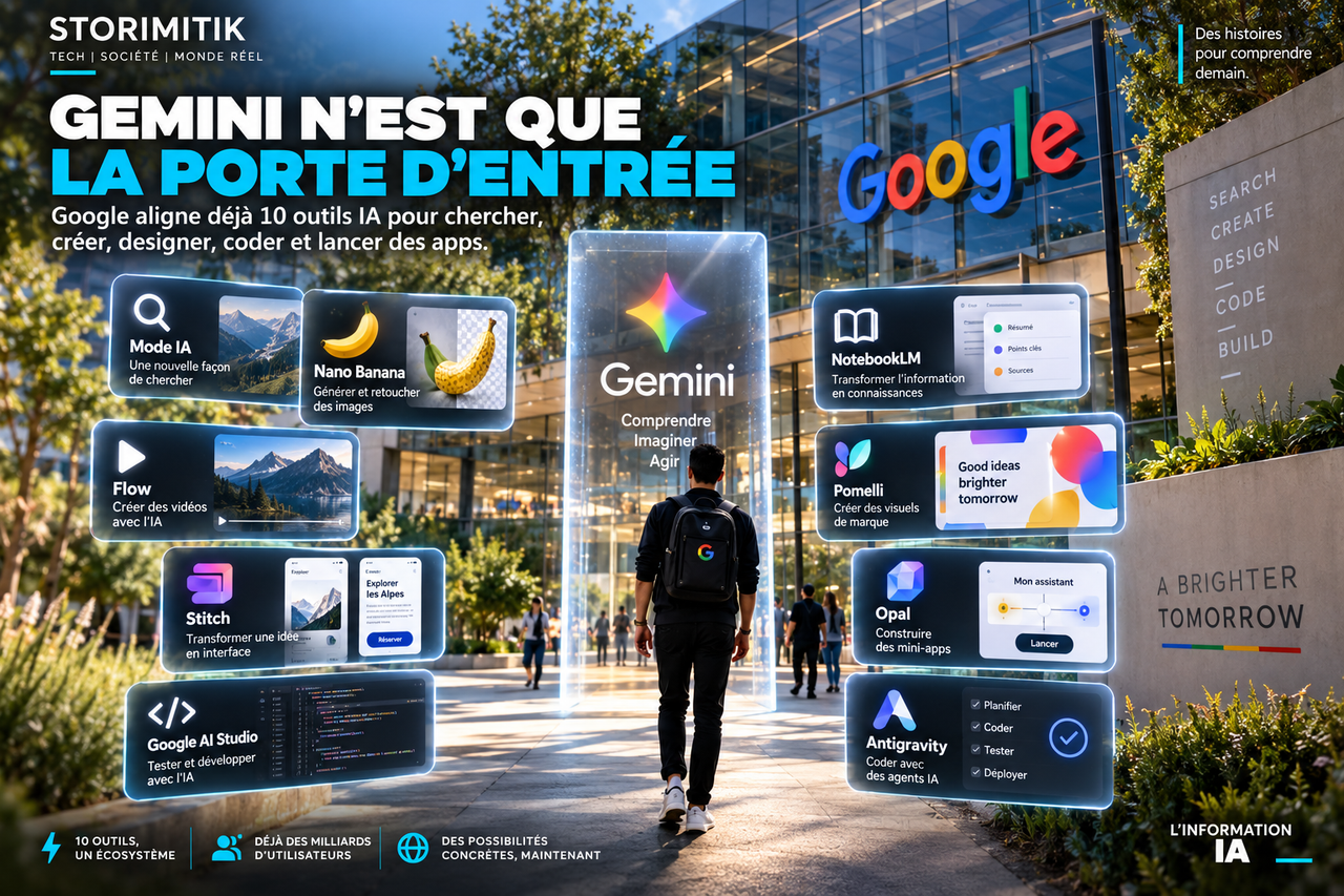 Illustration STORIMITIK de l’écosystème d’outils d’intelligence artificielle de Google autour de Gemini.